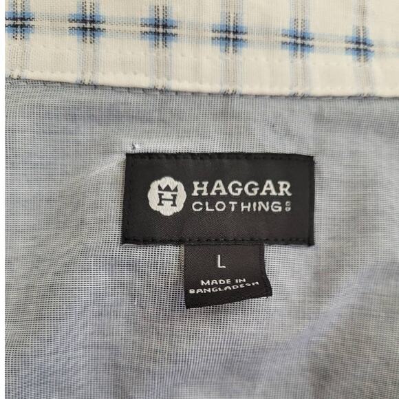 Haggar Button Down Dress Shirt Sz L Blue Gray Checkered Fade Plaid Classic - Picture 7 of 10